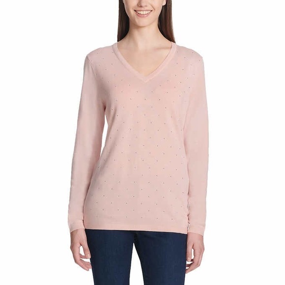 DKNY Rhinestone Embellished V-Neck Sweater